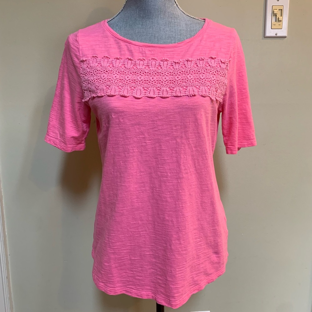 Talbots pink cotton tee with lace, size M, cotton modal